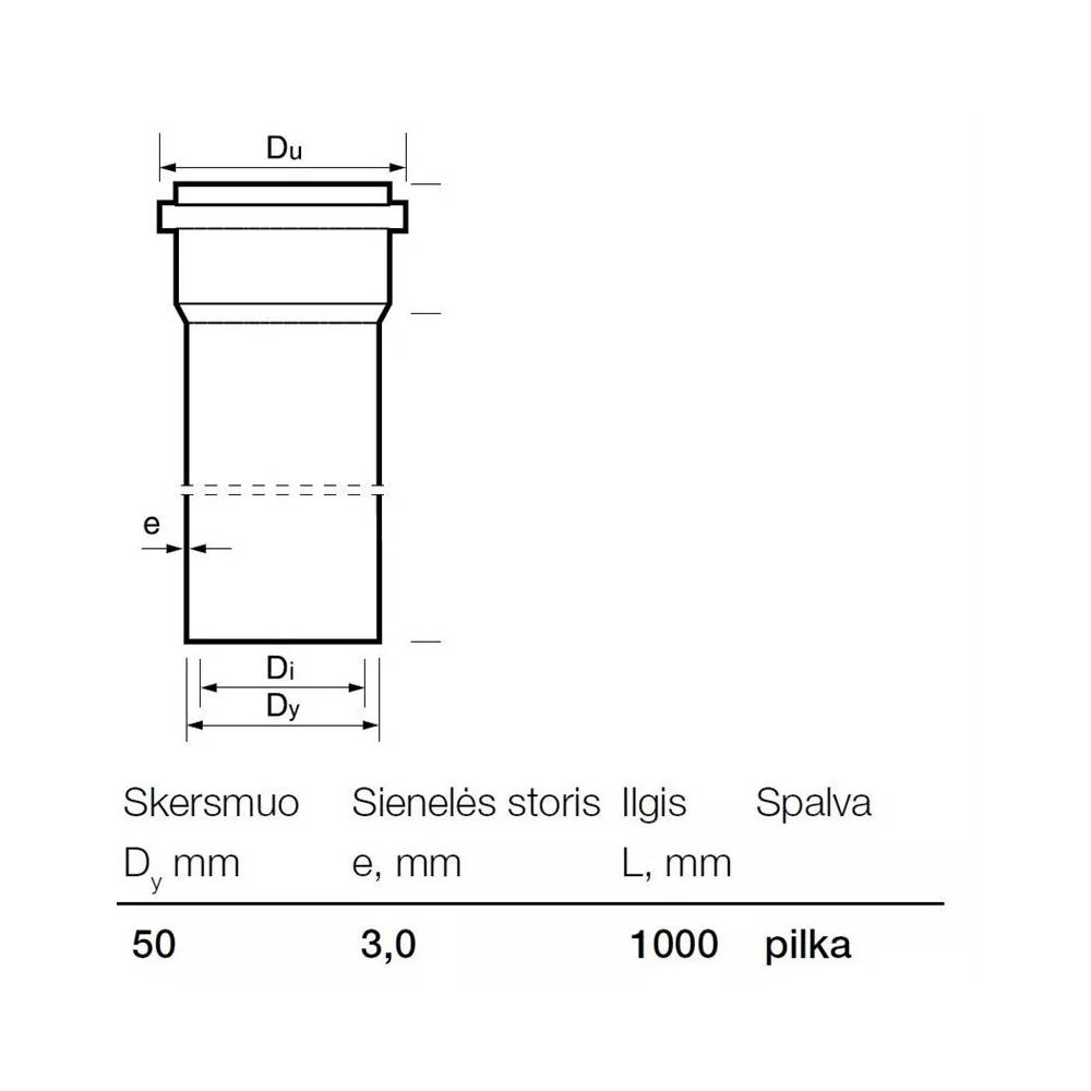 Vamzdis vidaus kanalizacijai Wavin, Optima, PVC, 50 mm, 1 m