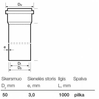 Vamzdis vidaus kanalizacijai Wavin, Optima, PVC, 50 mm, 1 m