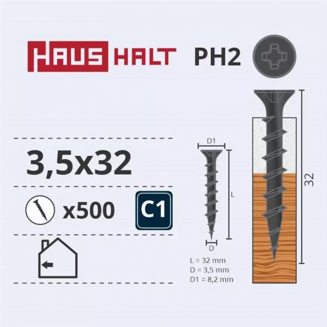 Medsraigtis Haushalt PH2, 3.5 x 32 mm, pilka, 500 vnt.