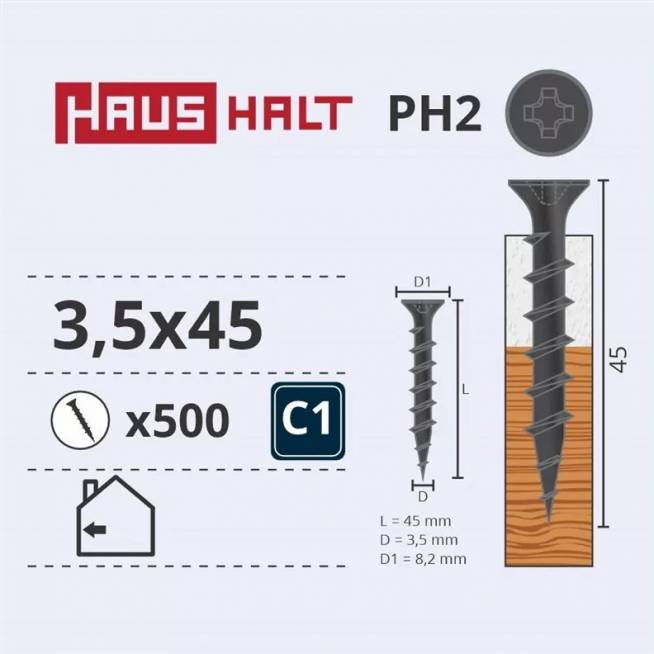 Medsraigtis Haushalt PH2, 3.5 x 45 mm, pilka, 500 vnt.