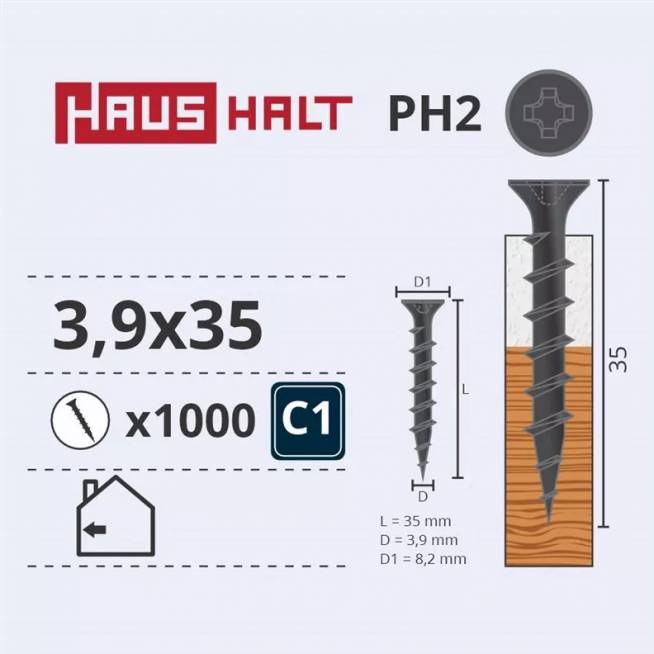 Medsraigtis Haushalt PH2, 3.9 x 35 mm, pilka, 1000 vnt.