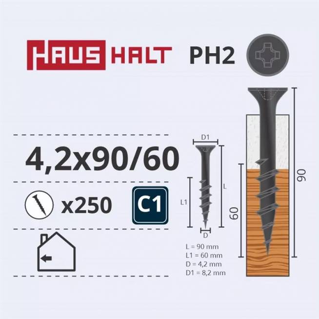 Medsraigtis Haushalt PH2, 4.2 x 90 mm, pilka, 250 vnt.