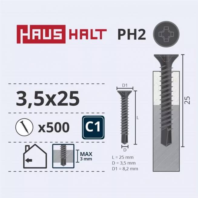 Medsraigtis Haushalt, 3.5 x 25 mm, pilka, 500 vnt.