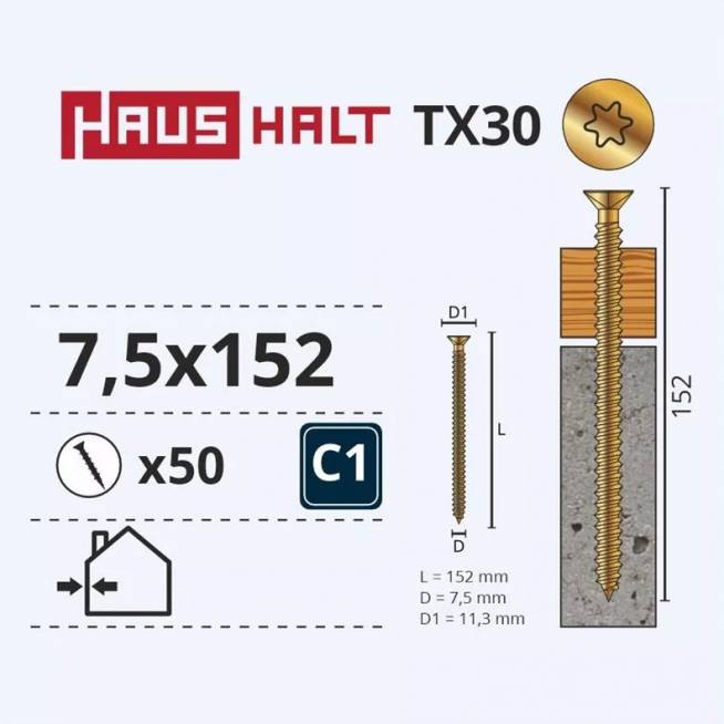 Varžtas rėmams Haushalt, 7.5x152 mm, 50 vnt.