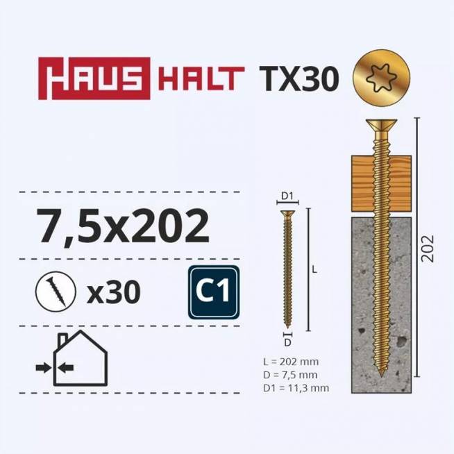 Varžtas rėmams Haushalt, 7.5x202 mm, 30 vnt.