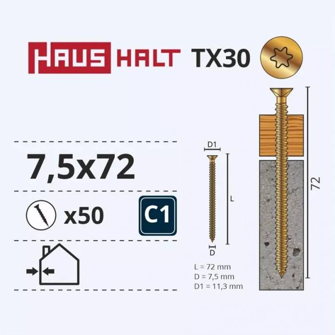 Varžtas rėmams Haushalt, 7.5x72 mm, 50 vnt.