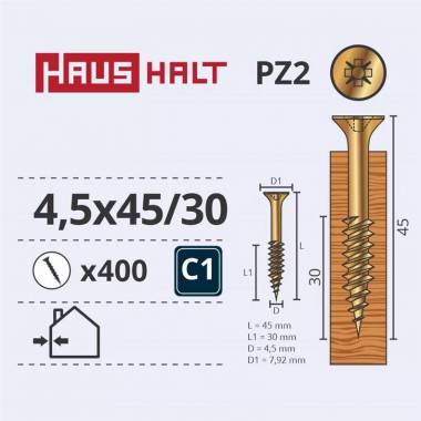 Medsraigtis Haushalt PZ2, 4.5 x 45 mm, geltona, 400 vnt.