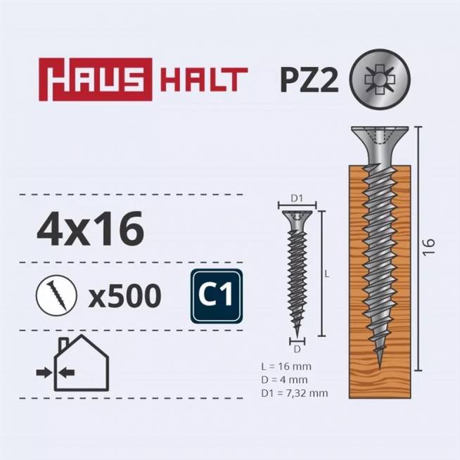 Medsraigtis Haushalt PZ2, 4 x 16 mm, balta, 500 vnt.