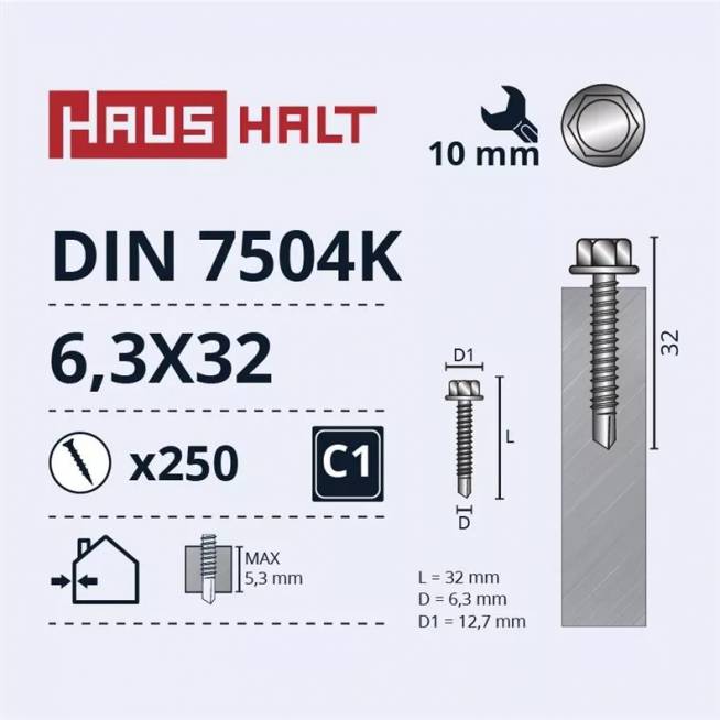 Savisriegis Haushalt DIN 7504K, 6.3 mm x 32 mm, 250 vnt.