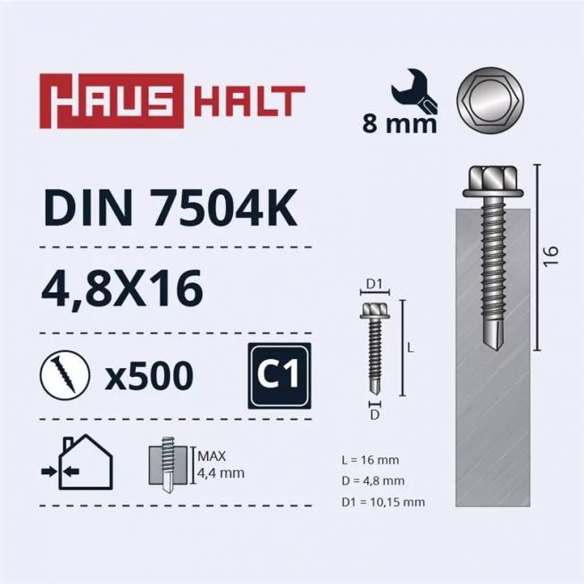 Savisriegis Haushalt DIN 7504K, 4.8 mm x 16 mm, 500 vnt.