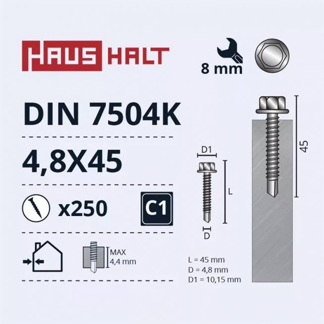 Savisriegis Haushalt DIN 7504K, 4.8 mm x 45 mm, 250 vnt.