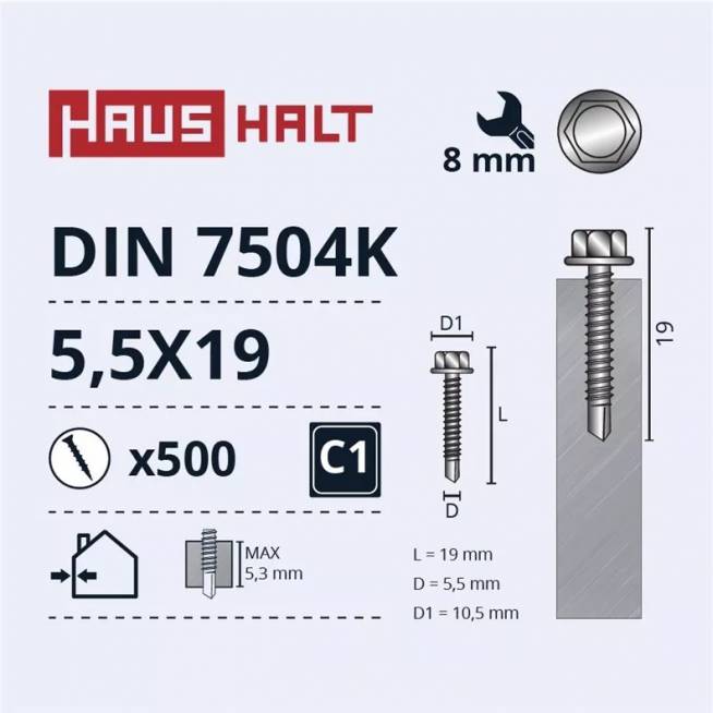 Savisriegis Haushalt DIN 7504K, 5.5 mm x 19 mm, 500 vnt.