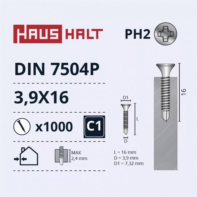 Savisriegis Haushalt DIN 7504P, 3.9 mm x 16 mm, 1000 vnt.