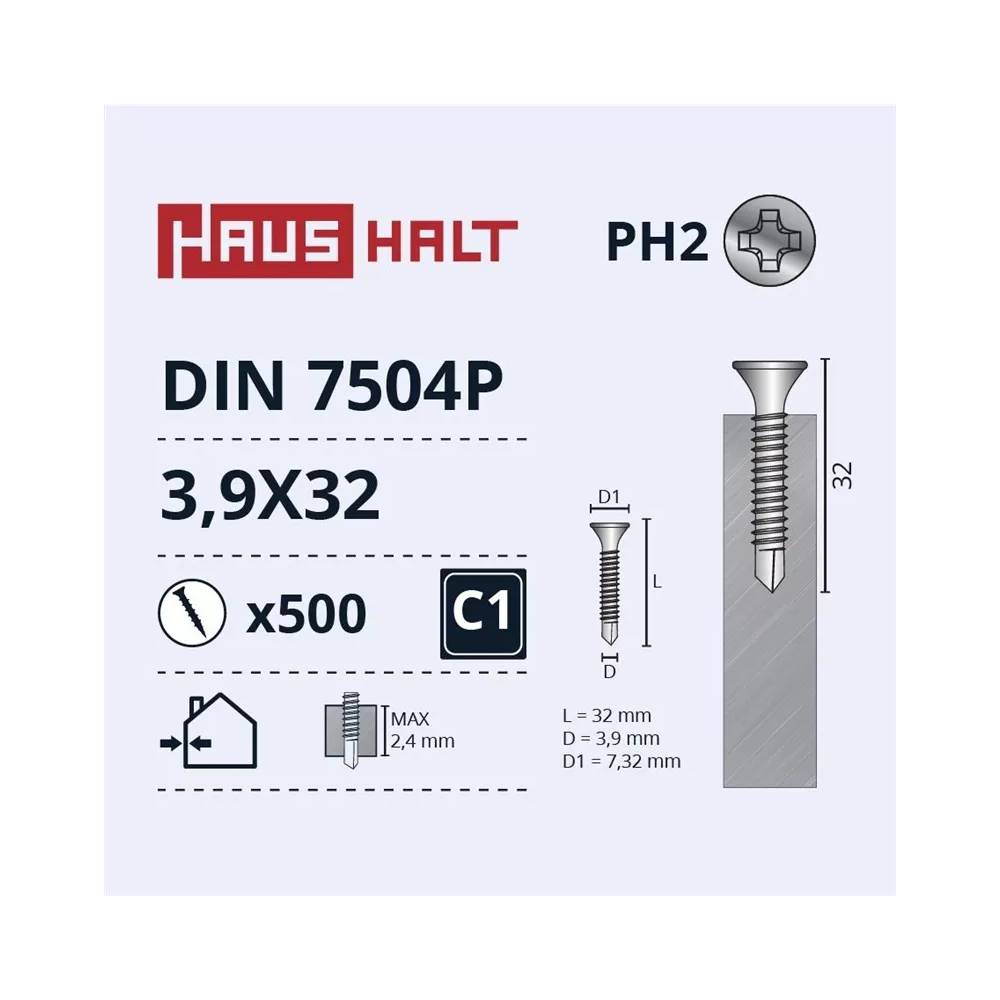 Savisriegis Haushalt DIN 7504P, 3.9 mm x 32 mm, 500 vnt.