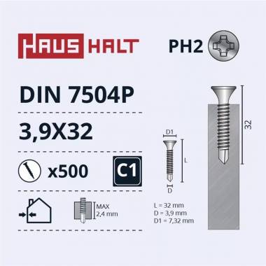 Savisriegis Haushalt DIN 7504P, 3.9 mm x 32 mm, 500 vnt.