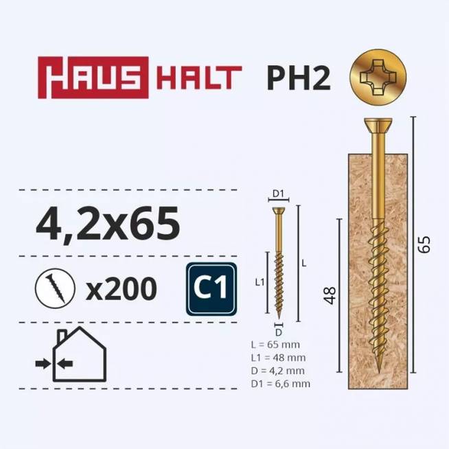 Medsraigtis Haushalt PH, 4.2 x 65 mm, geltona, 200 vnt.