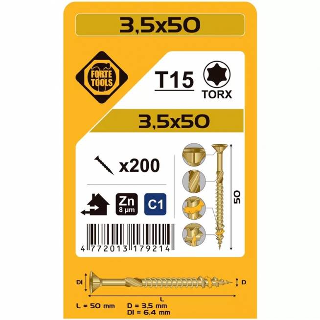 Medsraigtis Forte Tools TX15, 3.5 x 50 mm, geltona, 200 vnt.