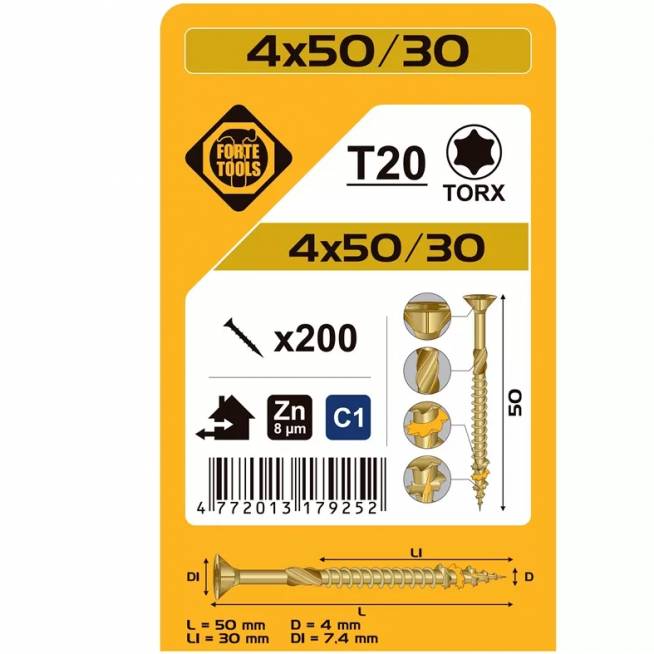 Medsraigtis Forte Tools TX20, 4 x 50 mm, geltona, 200 vnt.