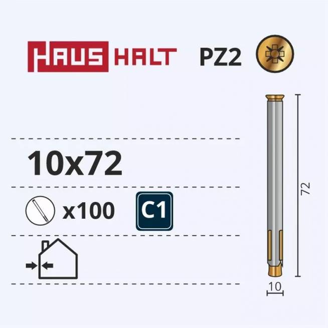 Inkarinis varžtas rėmams Haushalt, 10x72 mm, 100 vnt.