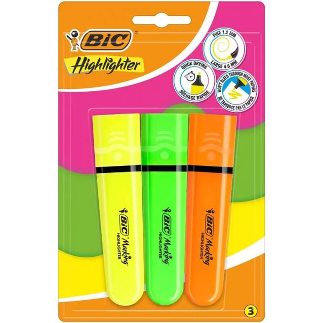 Teksto žymeklis Bic Neon 517922, geltona/žalia/oranžinė, 3 vnt.