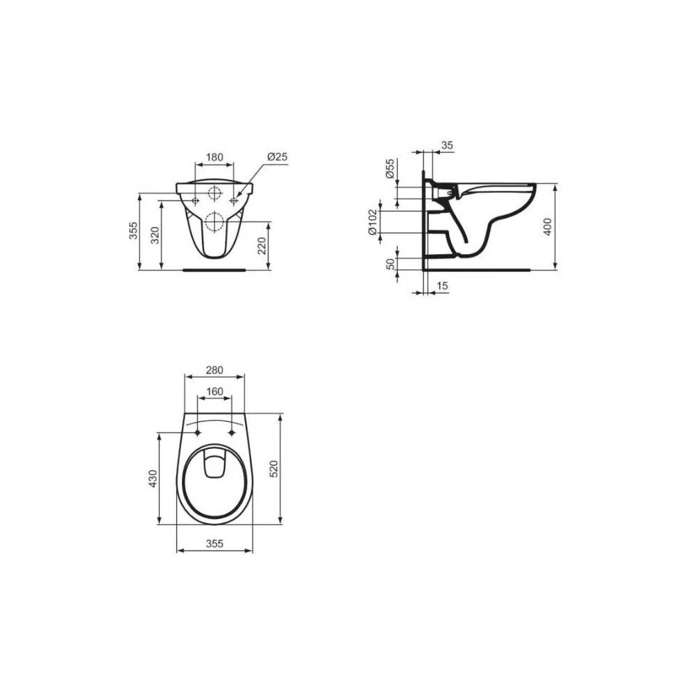 Unitazas, pakabinamas Ideal Standard Eurovit, su dangčiu, 355 mm x 520 mm