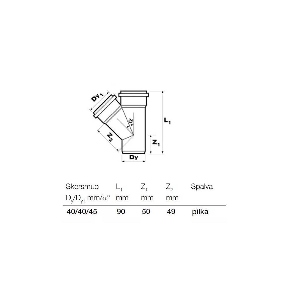 Trišakis vidaus kanalizacijai Wavin Optima, 40 mm x 40 mm, 45 °