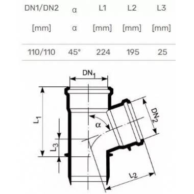 Trišakis mažatriukšmei vidaus kanalizacijai Magnaplast Ultra dB, 110 mm x 110 mm, 45 °