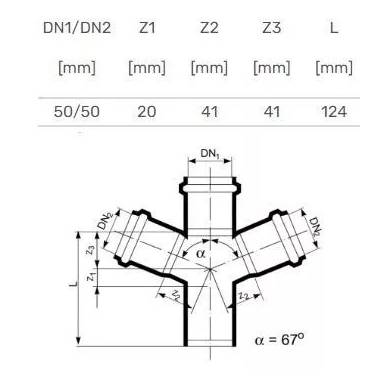 Keturšakis vidaus kanalizacijai Magnaplast HTplus, 50 mm x 50 mm x 50 mm, 67 °