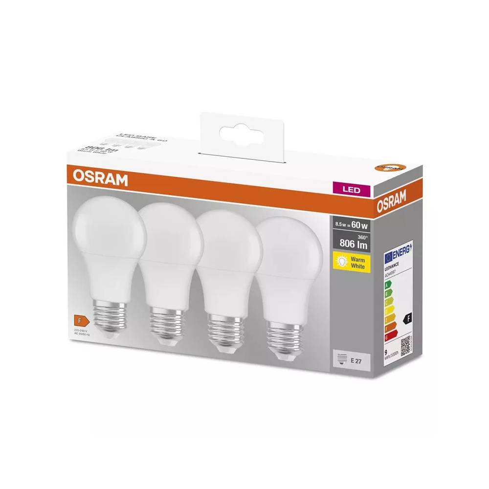 Lemputė Osram LED, A60, šiltai balta, E27, 8.5 W, 806 lm, 4 vnt.