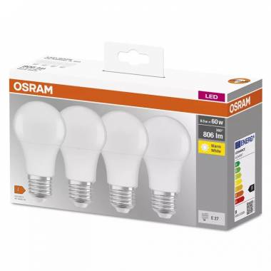 Lemputė Osram LED, A60, šiltai balta, E27, 8.5 W, 806 lm, 4 vnt.