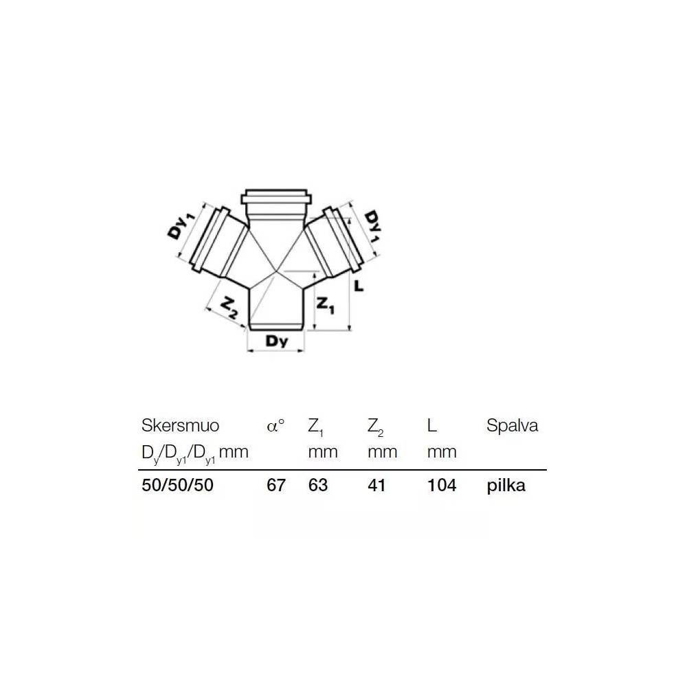 Keturšakis vidaus kanalizacijai Wavin Optima, 50 mm x 50 mm x 50 mm, 67 °