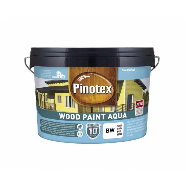 Medinių fasadų dažai Pinotex Wood Paint Aqua, balta, 9 l