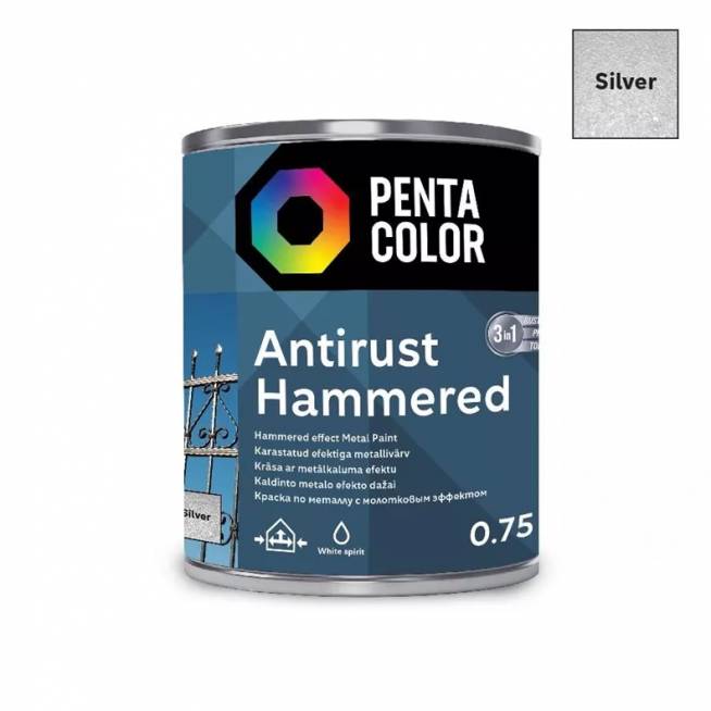 Emaliniai dažai Pentacolor Anti Rust Hammered, blizgus, 0.75 l, sidabro