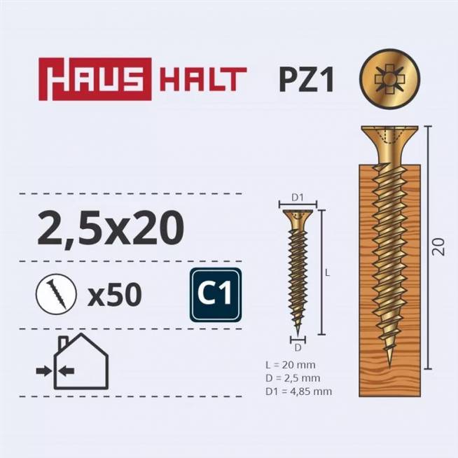 Medsraigtis Haushalt PZ1, 2.5 x 20 mm, geltona, 50 vnt.