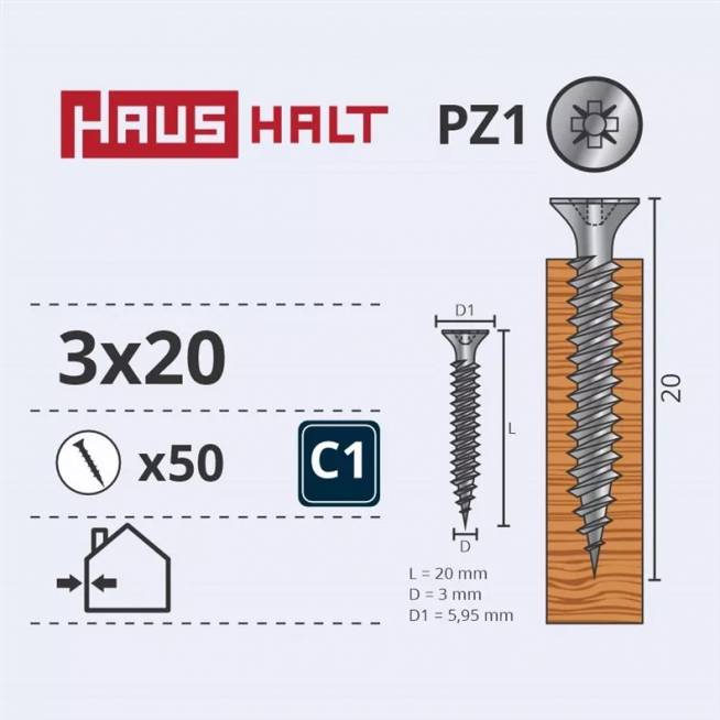 Medsraigtis Haushalt PZ1, 3 x 20 mm, balta, 50 vnt.