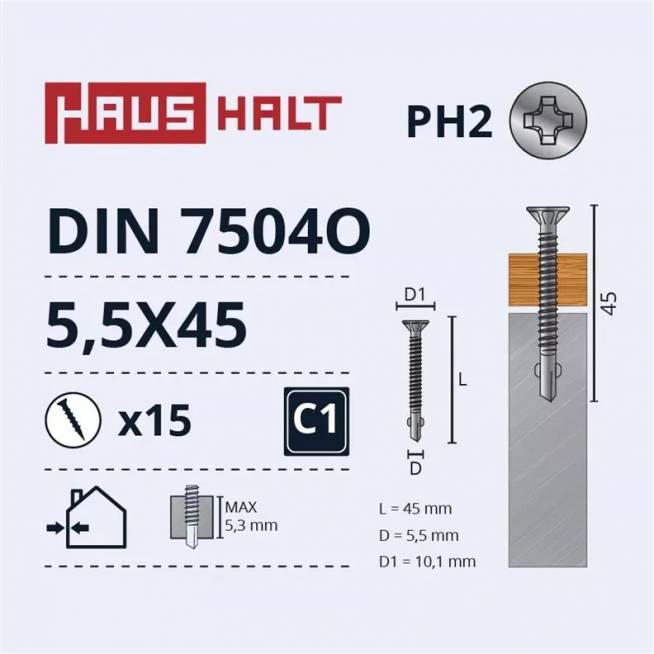 Savisriegis Haushalt DIN 7504O, 5.5 mm x 45 mm, 15 vnt.