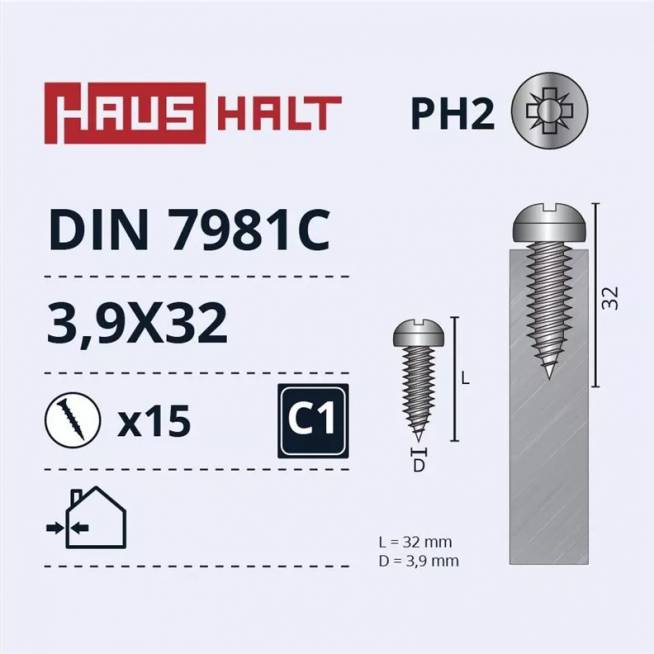 Savisriegis Haushalt DIN 7981C, 3.9 mm x 32 mm, 15 vnt.