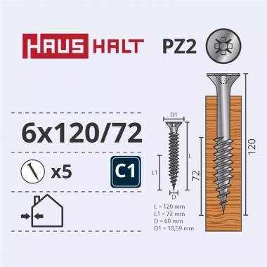 Medsraigtis Haushalt, 6 x 120 mm, balta, 5 vnt.