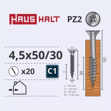 Medsraigtis Haushalt PZ2, 4.5 x 50 mm/30 mm, balta, 20 vnt.