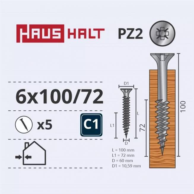 Medsraigtis Haushalt, 6 x 100 mm, balta, 5 vnt.