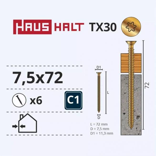 Medsraigtis rėmams Haushalt, 7.5x72 mm, 6 vnt.