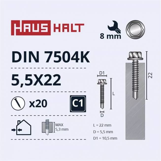 Savisriegis Haushalt DIN 7504K, 5.5 mm x 22 mm, 20 vnt.