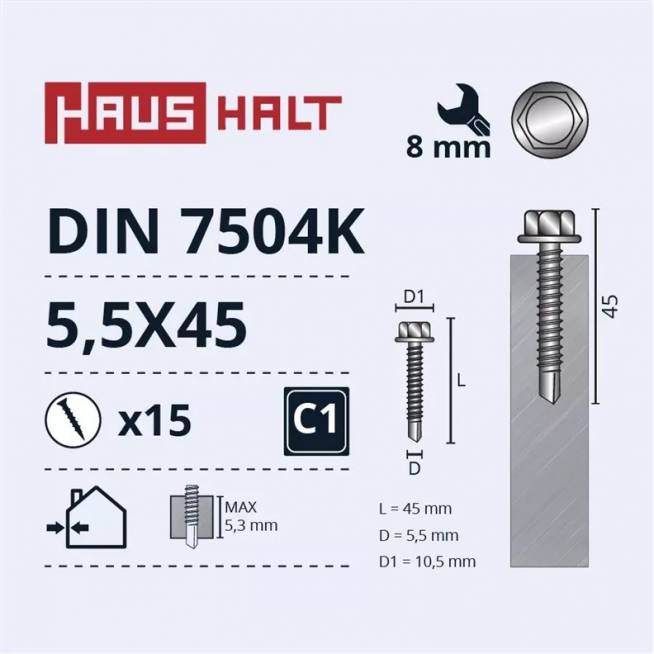 Savisriegis Haushalt DIN 7504K, 5.5 mm x 45 mm, 15 vnt.