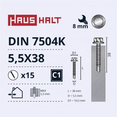 Savisriegis Haushalt DIN 7504K, 5.5 mm x 38 mm, 15 vnt.