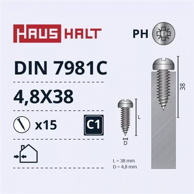 Savisriegis Haushalt DIN 7981C, 4.8 mm x 38 mm, 15 vnt.