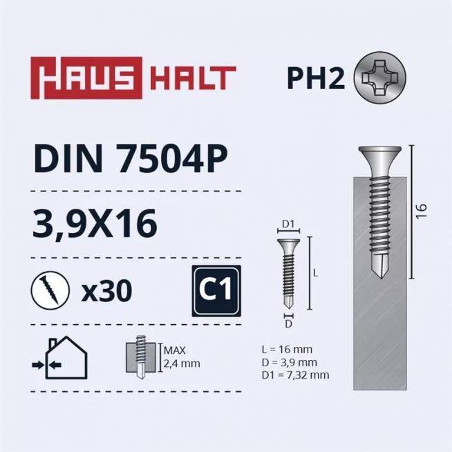 Savisriegis Haushalt DIN 7504P, 3.9 mm x 16 mm, 30 vnt.