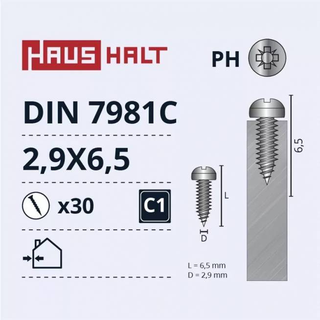 Savisriegis Haushalt DIN7981C, 2.9 mm x 6.5 mm, 30 vnt.