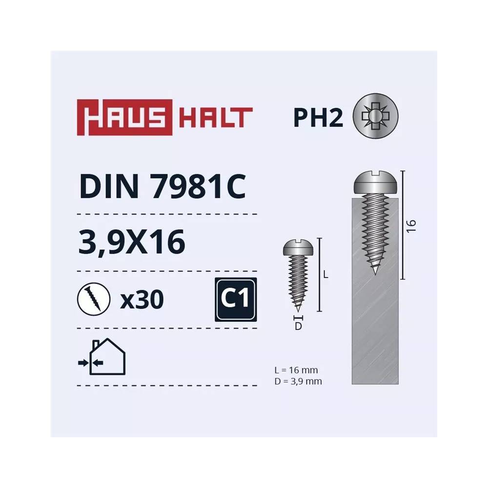 Savisriegis Haushalt DIN7981C, 3.9 mm x 16 mm, 30 vnt.