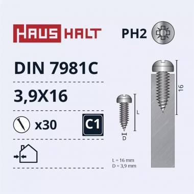 Savisriegis Haushalt DIN7981C, 3.9 mm x 16 mm, 30 vnt.