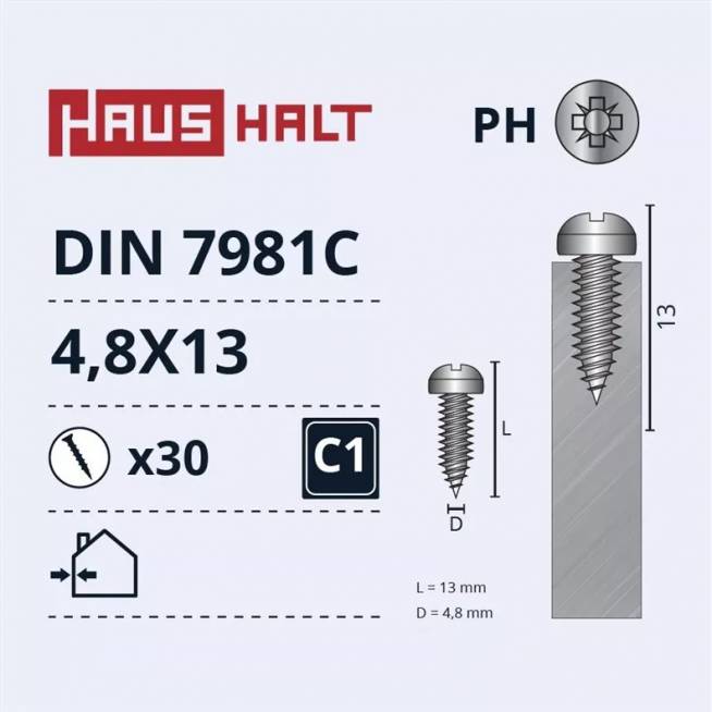 Savisriegis Haushalt DIN7981C, 4.8 mm x 13 mm, 30 vnt.